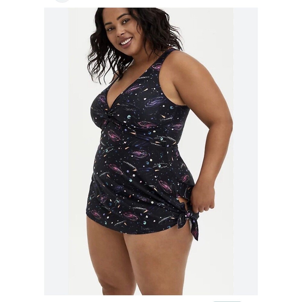 Torrid size 3 black galaxy wireless asymmetrical twist front swim dress one pc